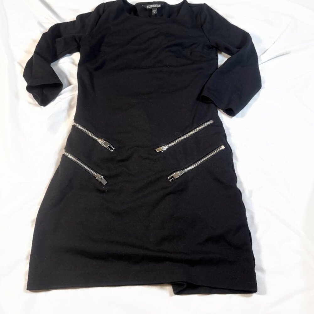EXPRESS Women’s Stretch Bodycon Black Dress  XS  Knee Length Zipper Accent